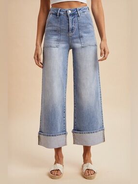 Light blue stretch high rise flare pants boho wide leg cuffed jeans